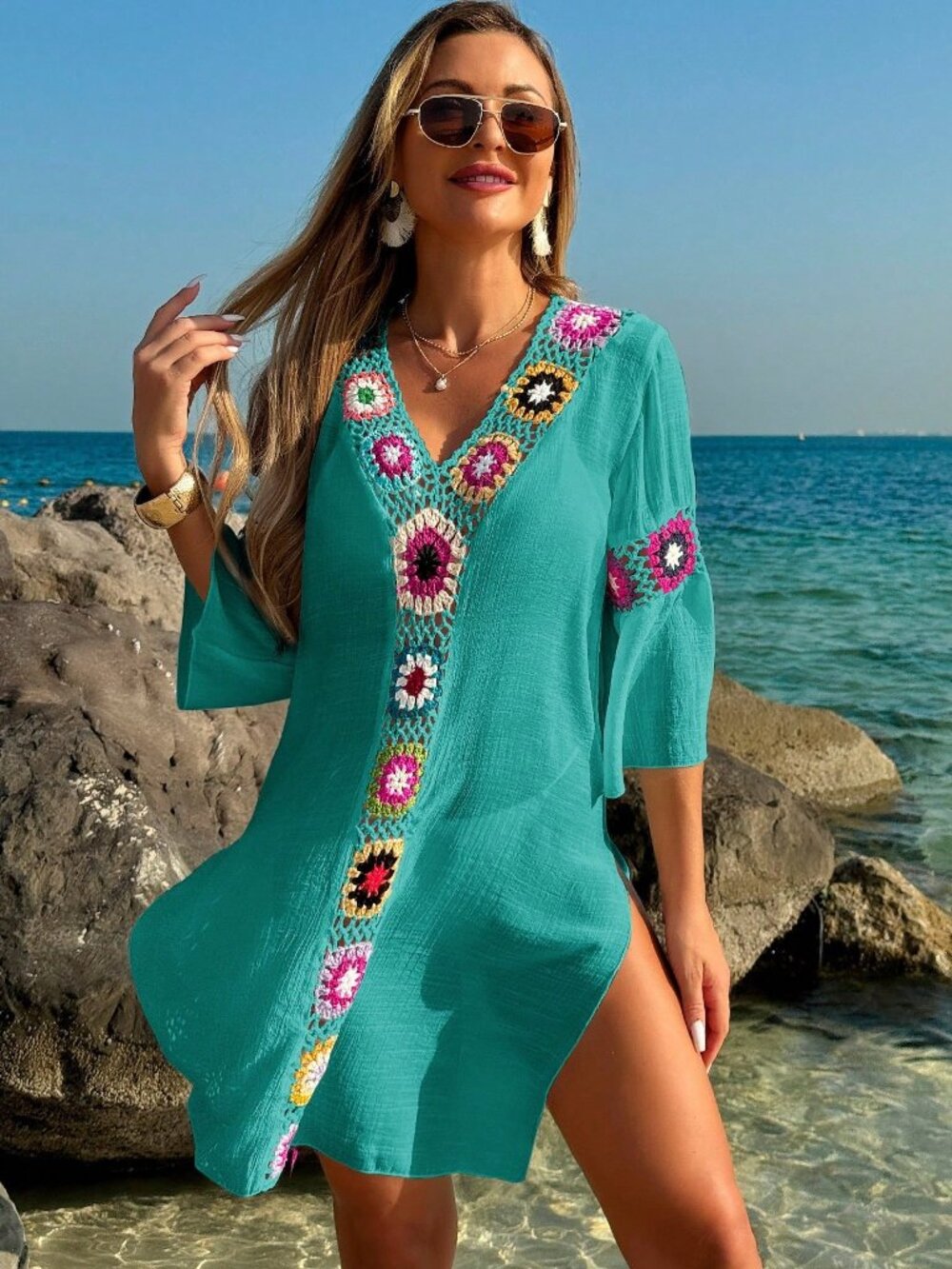 Teal Crochet Beach Swim Coverup Tunic Boho Semi Sheer sz L 8/10 NEW